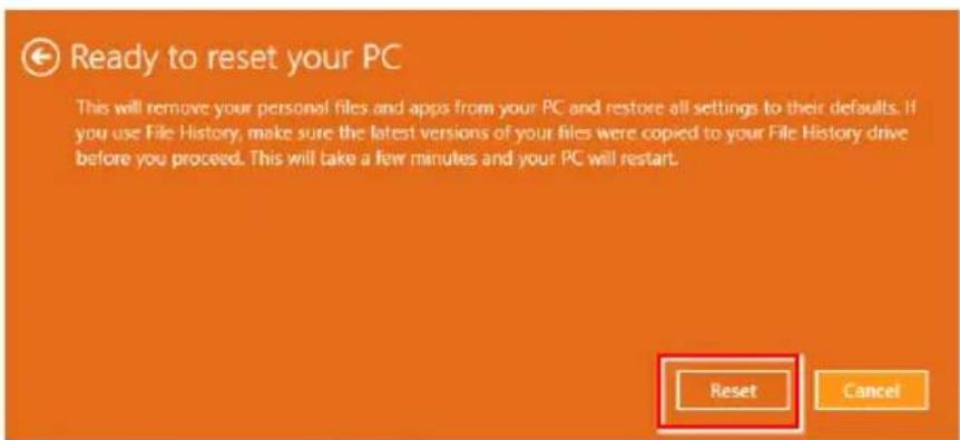 Ready to reset your PC This will remove your personal files and apps from your PC and restore all settings to their defaults. If you use File History, make sure the latest versions of your files were copied to your File History drive before you proceed. This will take a few minutes and your PC will restart. Reset Cancel