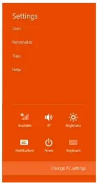Settings Start Personalize Tiles Help Available 67 Brightness Notifications Power Keyboard Change PC settings