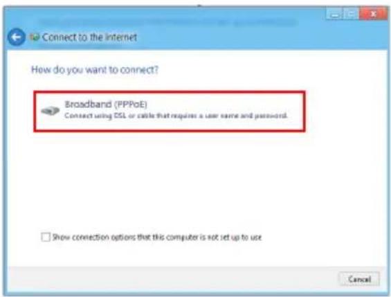 Connect to the Internet How do you want to connect? Broadband (PPPoE) Connect using DSL or cable that requires a user name and password. Show connection options that this computer is not set up to use Cancel