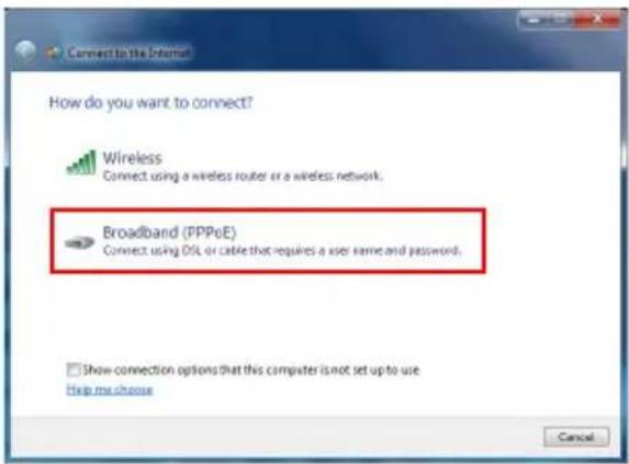 Connect to the Internet How do you want to connect? Wireless Connect using a wireless router or a wireless network. Broadband (PPPoE) Connect using DSL or cable that requires a user name and password. Show connection options that this computer is not set up to use Help me choose Cancel
