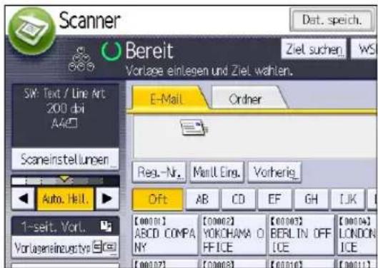 Scanner Bereit Vortage einlegen und Ziel wahlen. SW: Text / Line Art 200 dbi A4C□ Scaneinstellungen Auto. Hell. 1-seit. Vorl. Vorlageninzuertyp E-Mail Order Reg.-Nr. Manl. Eing. Vorherig. Oft AB CD EF GH IJK [00001] ABCD COMPANY YOKOHAMA O FFICE [00002] BERLIN OFF ICE [00003] LONDON ICE [00004] [00005] [00006] [00007] [00008] [00009] [00010] [00011]