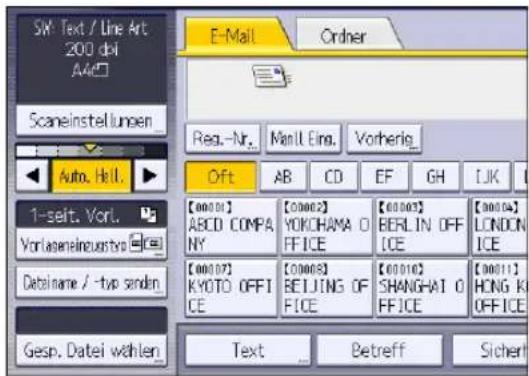 SW Text / Line Art 200 dpi A4c E-Mail Order Scaneinstellungen Reg.-Nr. Manl. Eing. Vorherig. Auto. Hell. Oft AB CD EF GH LJK 1-seit. Vorl. Vorlaseneinzustro [00001] ABCD COMPANY YOKOHAMA O FFICE [00002] BERLIN OFF ICE [00003] LONDON ICE [00007] KYOTO OFFIC CE [00008] BEIJING OF FICE [00010] SHANGHAT O FFICE [00011] HONG K OFFICE Gesp. Datei wählen. Text Betreff Sicher