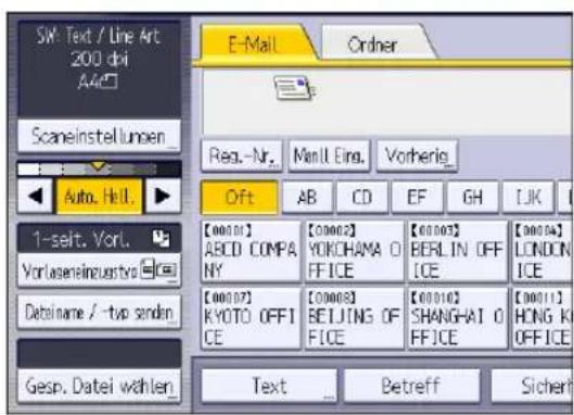 SW: Text / Line Art 200 dri A4c Scaneinstellungen Auto. Hell. 1-selt. Vorl. Vorlaseneinquattro Databname / -tvo sendin Gesp. Datei wählen. E-Mail Order Reg.-Nr. Manl Eing. Vorherig_ Off AB CD EF GH LJK [00001] ABCD COMPANY YORKHAMA O FFICE [00002] BERLIN OFF ICE [00003] KYOTO OFFICE [00008] BEIJING OFFICE [00010] SHANGHAI O FFICE [00011] HONG K OFFICE Text Betreff Sicher