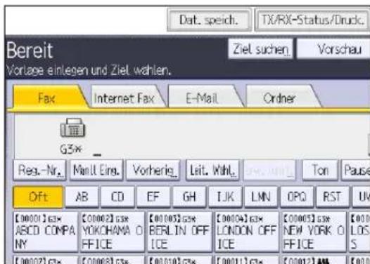 Dat. speich. TX/RX-Status/Druck. Bereit Vortages einlegen und Ziel wahlen. Ziel suchen. Vorschau Fax Internet Fax E-Mail Order G3* Reg.-Nr. Manl Eins. Vorherig. Leit. Mihl. Ton Pause Oft AB CD EF GH IJK LMN OPQ RST UV [00001]63x ABCD COMPANY [00002]63x YOKOHAMA O FFICE [00105]63x BERLIN OFF ICE [00004]63x LONDON OFF ICE [00005]63x NEW YORK O FFICE [00007]63x [00008]63x [00110]63x [00011]63x [00012]63x [0010] S