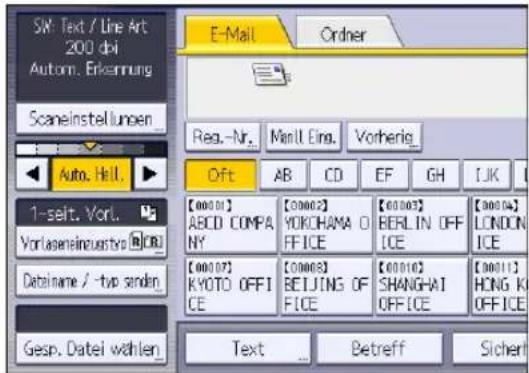 SW: Text / Line Art 200 dbi Autom. Erkennung Scaneinstellungen Auto. Hell. 1-selt. Vorl. Vorlasenindustvo [BCE] Datainame / -typ senden Gesp. Datei wählen E-Mail Order Reg.-Nr. Manl Eing. Vorherig_ Oft AB CD EF GH LJK [00001] ABCD COMPANY YOKOHAMA OFFICE [00002] BERLIN OFFICE [00003] LONDON ICE [00007] KYOTO OFFICE [00008] BEIJING OFFICE [00010] SHANGHAI OFFICE [00011] HONG KOFFICE Text Betreff Sicher