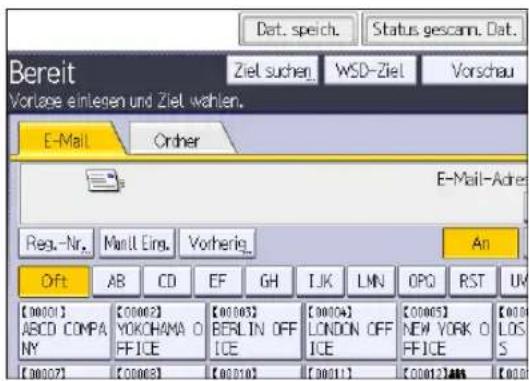 Bereit Ziel suchen. WSD-Ziel Vorschau Vortlage einlagen und Ziel wählen. E-Mail Order E-Mail-Adre Reg.-Nr. Manll Eing. Vorherig An Off AB CD EF GH IJK LMN OPQ RST UK [00001] [00002] [00103] [00004] [00005] [001] ABCD COMPANY YOKOHAMA O FICE BERLIN OFF ICE LONDON OFF ICE NEW YORK O FICE LOS [00007] [00008] [00010] [00011] [00012] [000]