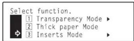 Océ OP30C - Use the ▲ cursor or the ▼ cursor key to select "|3| Inserts Mode" ["3| INSERT MODE"]. - 1