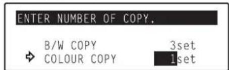 Océ OP30C - Use the numeric keys on the keypad, the ◀ cursor key or the ▶ cursor key to select the number of color copies (or copy sets) you want to make. - 2