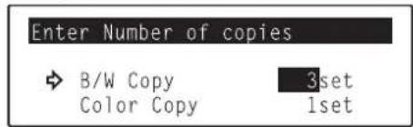 Océ OP30C - Use the numeric keys on the keypad, the ◀ cursor key or the ▶ cursor key to select the number of black and white copies (or copy sets) you want to make. - 1