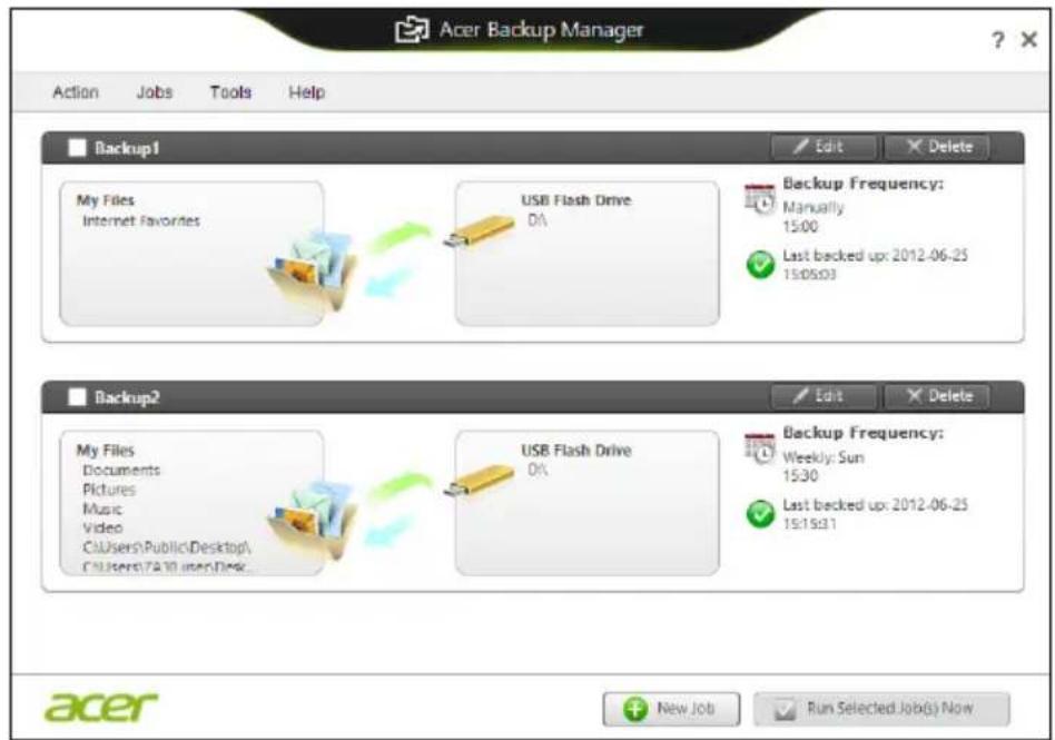 Acer Backup Manager Action Jobs Tools Help Backup1 My Files Internet Favorites USB Flash Drive DA Backup Frequency: Manually 15:00 Last backed up: 2012-06-25 15:05:03 Backup2 My Files Documents Pictures Music Video C:\Users\Public\Desktop\ C:\Users\72.30 user\Dock... USB Flash Drive DA Backup Frequency: Weekly: Sun 15:30 Last backed up: 2012-06-25 15:15:11 acer New Job Run Selected Job(s) Now