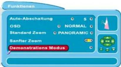 Funkflenen Auto-Abschaltung 5 OSD NORMAL Standard Zoom PANORAMIC Sanfter Zoom Demonstrations Modus