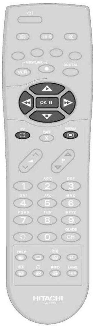 OK II VIEWLINK VCR DIGITAL TV EXIT X MENU P ABC 1 2 DEF 3 QHI 4 JKI 5 MNO 6 PQRS 7 TUV 8 WXYZ 9 GUIDE 0 CH HELP 返回 返回 输入 帮助 INFO LANG HITACHI