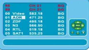 98 CH 21 BG 99 CH 21 BG 00 Video 582.18 BG 01 ADR 471.25 BG 02 ZDF 495.18 BG 03 N3 566.50 BG 04 RTL 519.18 BG 05 SAT1 535.25 BG