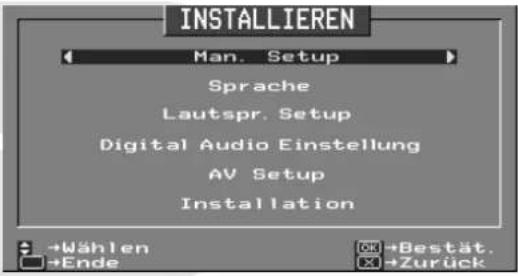 INSTALLIEREN Man. Setup Sprache Lautspr. Setup Digital Audio Einstellung AV Setup Installation +Wählen +Ende +Bestät. +Zurück