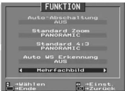 FUNKTION Auto-Abschaltung AUS Standard Zoom PANORAMIC Standard 4:3 PANORAMIC Auto WS Erkennung AUS Mehrfachbild +Wählen +Ende +Einst. +Zurück