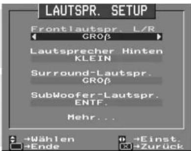 LAUTSPR. SETUP Frontlautspr. L/R GROβ Lautsprecher Hinten KLEIN Surround-Lautspr. GROβ SubWoofer-Lautspr. ENTF. Mehr... →Wählen →Einst. →Ende →Zurück