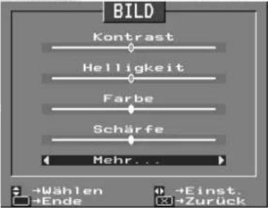 BILD Kontrast Helligkeit Farbe Schärfe Mehr... →Wählen →Einst. →Ende →Zurück