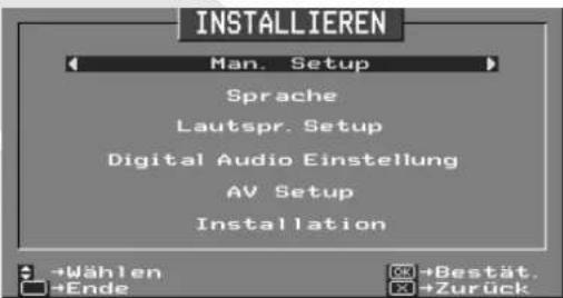 INSTALLIEREN Man. Setup Sprache Lautspr. Setup Digital Audio Einstellung AV Setup Installation →Wählen →Ende →Bestät. →Zurück