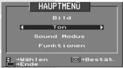 HAUPTMENU Bild Ton Sound Modus Funktionen →Wählen →Ende OK →Bestät.