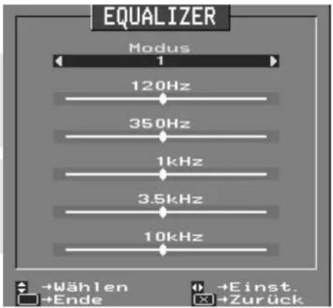 EQUALIZER Modus 1 120Hz 350Hz 1kHz 3.5kHz 10kHz →Wählen →Ende →Einst. →Zurück