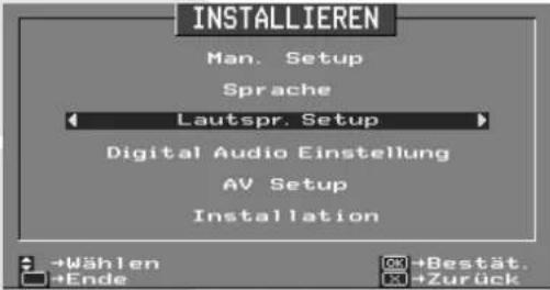 INSTALLIEREN Man. Setup Sprache Lautspr. Setup Digital Audio Einstellung AV Setup Installation →Wählen →Ende →Bestät. →Zurück
