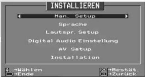 INSTALLIEREN Man. Setup Sprache Lautspr. Setup Digital Audio Einstellung AV Setup Installation →Wählen →Ende →Bestät. →Zurück