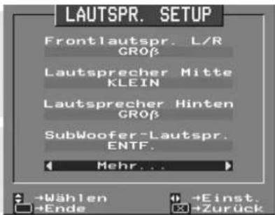 LAUTSPR. SETUP Frontlautspr. L/R GROß Lautsprecher Mitte KLEIN Lautsprecher Hinten GROß SubWoofer-Lautspr. ENTF. Mehr... →Wählen →Einst. →Ende →Zurück