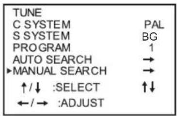 TUNE C SYSTEM PAL S SYSTEM BG PROGRAM 1 AUTO SEARCH → →MANUAL SEARCH → ↑/↓ :SELECT ↑↓ ←/→ :ADJUST