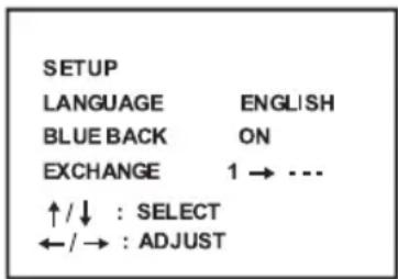 SETUP LANGUAGE ENGLISH BLUE BACK ON EXCHANGE 1 → ... ↑/↓ : SELECT ←/→ : ADJUST