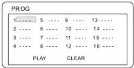 PROG 1 .... 5 .... 9 .... 13 .... 2 .... 6 .... 10 .... 14 .... 3 .... 7 .... 11 .... 15 .... 4 .... 8 .... 12 .... 16 .... PLAY CLEAR