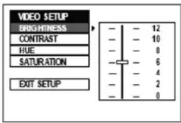 VIDEO SETUP BRIGHTNESS CONTRAST HUE SATURATION EXIT SETUP - - - - - - - - - - - - - - - - - - - - - - - - - - - - - - - - - - - - - - - - - - - - - - - - - - - - - - - - - - - - - - - - - - - - - - - - - - - - - - - - - - - - - - - 12 - 10 - 8 - 6 - 4 - 2 - 0