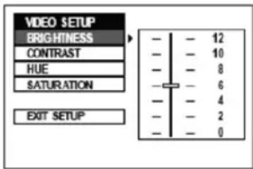 VIDEO SETUP BRIGHTNESS CONTRAST HUE SATURATION EXIT SETUP - - - - - - - - - - - - - - - - - - - - - - - - - - - - - - - - - - - - - - - - - - - - - - - - - - - - - - - - - - - - - - - - - - - - - - - - - - - - - - - - - - - - 12 - 10 - 8 - 6 - 4 - 2 - 0