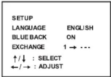 SETUP LANGUAGE ENGLISH BLUE BACK ON EXCHANGE 1 → ... ↑/↓ : SELECT ←/→ : ADJUST