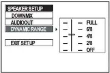 SPEAKER SETUP DOWNMX AUDIDOUT DYNAMIC RANGE EXIT SETUP FULL 6/8 4/8 2/8 OFF