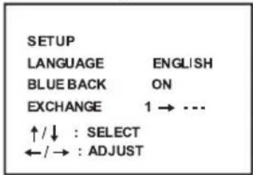 SETUP LANGUAGE ENGLISH BLUE BACK ON EXCHANGE 1 → ... ↑/↓ : SELECT ←/→ : ADJUST