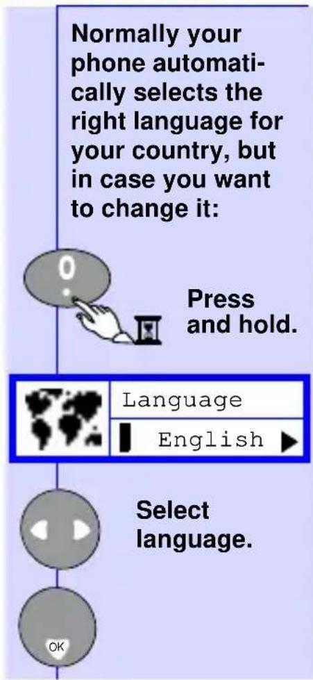 Normally your phone automatically selects the right language for your country, but in case you want to change it: Press and hold. Language English ▶ Select language. OK