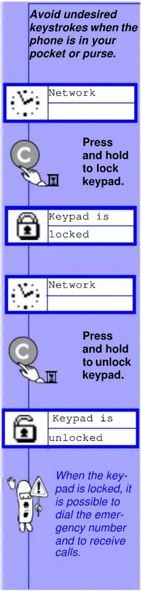 Avoid undesired keystrokes when the phone is in your pocket or purse. Network Press and hold to lock keypad. Keypad is locked Network Press and hold to unlock keypad. Keypad is unlocked When the keypad is locked, it is possible to dial the emergency number and to receive calls.
