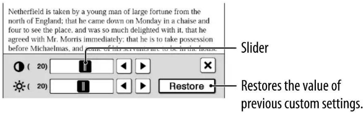 SONY PRS-950 - Tap 📋 → drag the slider, or tap 🖼or 🏻 repeatedly until the page is adjusted to the desired brightness and contrast. - 1
