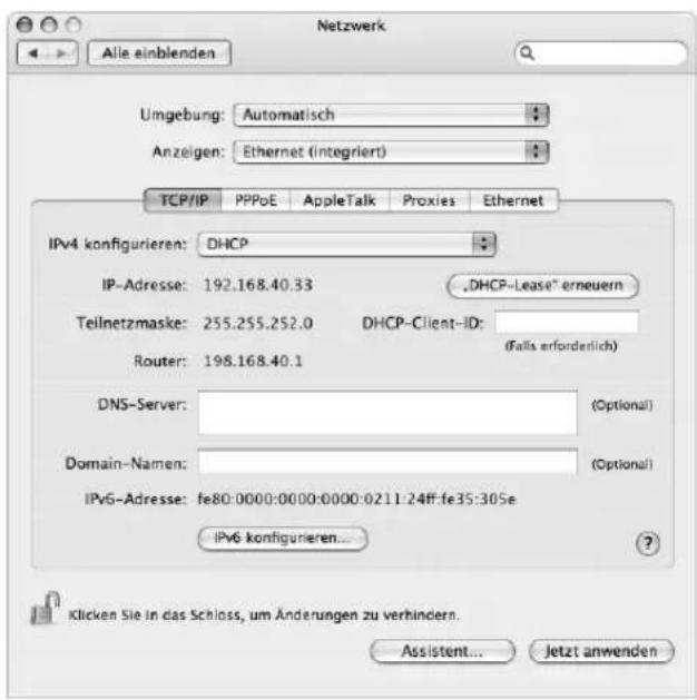 Netzwerk Alle einblenden Umgebung: Automatisch Anzeigen: Ethernet (integriert) TCP/IP PPPoE AppleTalk Proxies Ethernet IPv4 konfigurieren: DHCP IP-Adresse: 192.168.40.33 „DHCP-Lease" erneuern Tellnetzmaske: 255.255.252.0 DHCP-Client-ID: Router: 198.168.40.1 (Falls erforderlich) DNS-Server: (Optional) Domain-Namen: (Optional) IPv6-Adresse: fe80:0000:0000:0000:0211:24ff:fe35:305e IPv6 konfigurieren... Klicken Sie in das Schloss, um Änderungen zu verhindern. Assistant... Jetzt anwenden