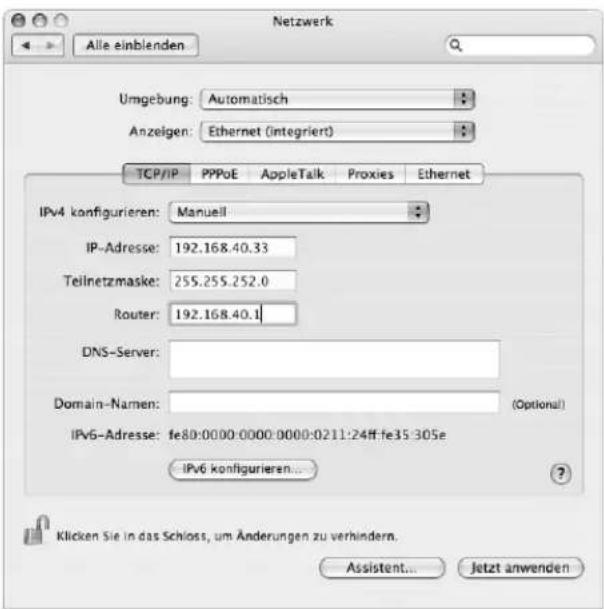 Netzwerk Alle einblenden Umgebung: Automatisch Anzeigen: Ethernet (integriert) TCP/IP PPPoE AppleTalk Proxies Ethernet IPv4 konfigurieren: Manuell IP-Adresse: 192.168.40.33 Teilnetzmaske: 255.255.252.0 Router: 192.168.40.1 DNS-Server: Domain-Namen: (Optional) IPv6-Adresse: fe80:0000:0000:0000:0211:24ff-fe35:305e IPv6 konfigurieren... Klicken Sie in das Schloss, um Änderungen zu verhindern. Assistant... Jetzt anwenden