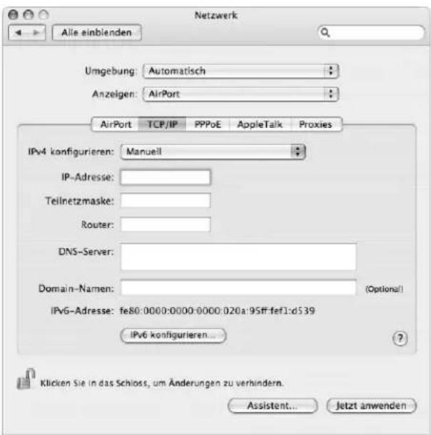 Netzwerk Alle einblenden Umgebung: Automatisch Anzeigen: AirPort AirPort TCP/IP PPPoE AppleTalk Proxies IPv4 konfigurieren: Manuell IP-Adresse: Tellnetzmaske: Router: DNS-Server: Domain-Namen: (Optional) IPv6-Adresse: fe80:0000:0000:0000:020a:95ff:fef1:d539 IPv6 konfigurieren... Klicken Sie in das Schloss, um Änderungen zu verhindern. Assistant... Jetzt anwenden