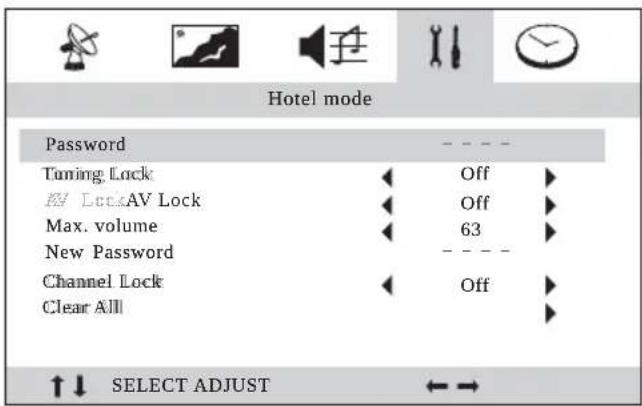 Hotel mode Password ---- Tuning Lock Off Max. Volume 63 New Password ---- Channel Lock Off Clear All + ↑↓ SELECT ADJUST ←→