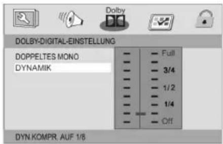 DOLBY-DIGITAL-EINSTELLUNG DOPPELTES MONO DYNAMIK Full 3/4 1/2 1/4 Off DYN.KOMPR. AUF 1/8