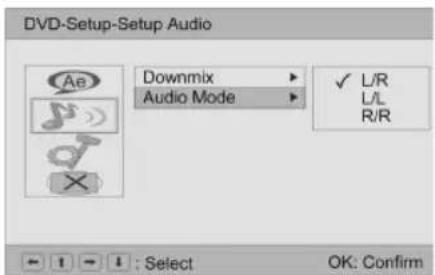 DVD-Setup-Setup Audio Downmix Audio Mode ✓ L/R L/L R/R ; Select OK: Confirm