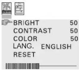 BRIGHT 50 CONTRAST 50 COLOR 50 LANG. ENGLISH RESET