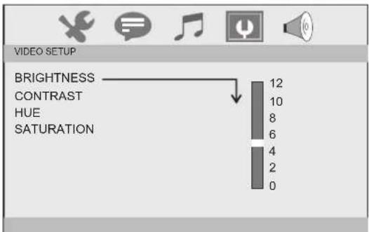 VIDEO SETUP BRIGHTNESS CONTRAST HUE SATURATION 12 10 8 6 4 2 0