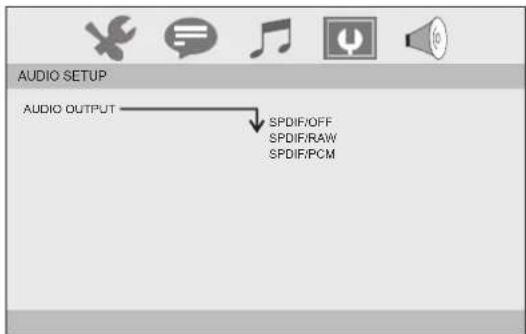 AUDIO SETUP AUDIO OUTPUT → SPDIF/OFF SPDIF/RAW SPDIF/PCM