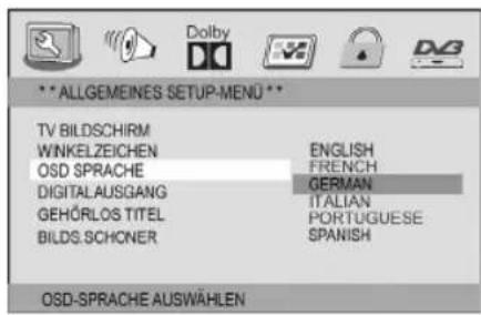 ** ALLGEMEINES SETUP-MENU ** TV BILDSCHIRM WINKELZEICHEN OSD SPRACHE DIGITALAUSGANG GEHÖRLOS TITEL BILDS.SCHONER ENGLISH FRENCH GERMAN ITALIAN PORTUGUESE SPANISH OSD-SPRACHE AUSWÄHLEN
