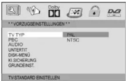 VORZUGSEINSTELLUNGEN TV TYP PAL PBC NTSC AUDIO UNTERTIT DISK-MENÜ KI.SICHERUNG GRUNDEINST. TV-STANDARD EINSTELLEN