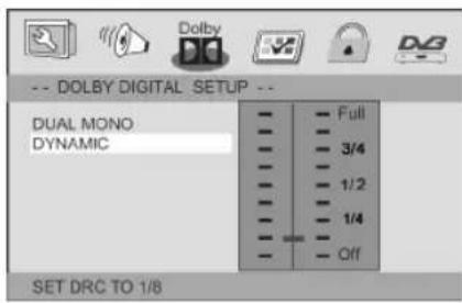 DOLBY DIGITAL SETUP DUAL MONO DYNAMIC Full 3/4 1/2 1/4 Off SET DRC TO 1/8